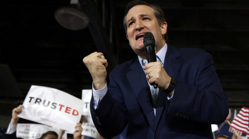Republican presidential candidate Sen. Ted Cruz, R-Texas, speaks during a rally at the Hoosier Gym in Knightstown, Ind., Tuesday, April 26, 2016. (AP Photo/Michael Conroy)