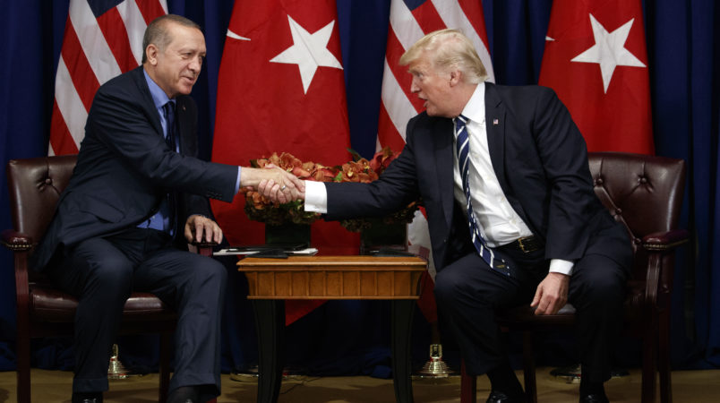 President Donald Trump meets with Turkish President Recep Tayyip Erdogan at the Palace Hotel during the United Nations General Assembly, Thursday, Sept. 21, 2017, in New York. (AP Photo/Evan Vucci)