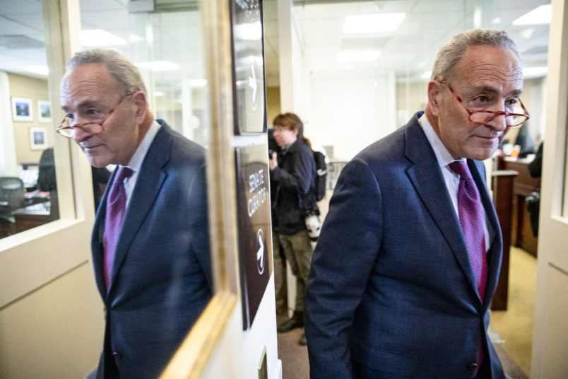 WASHINGTON, DC - JANUARY 24: Senate Minority Leader Chuck Schumer leaves after a press conference on the Senate impeachment trial of President Donald Trump on January 24, 2020 in Washington, DC. Democratic House managers conclude their opening arguments on Friday as the Senate impeachment trial of President Donald Trump continues into its fourth day. (Photo by Samuel Corum/Getty Images) *** Local Caption *** Chuck Schumer
