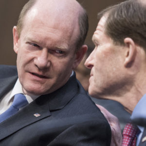 UNITED STATES - APRIL 3: Sens. Chris Coons, D-Del., left, and Richard Blumenthal, D-Conn., attend a Senate Judiciary Committee meeting in Hart Building to discuss the nomination of Neil Gorsuch for associate justice on the Supreme Court, April 3, 2017. (Photo By Tom Williams/CQ Roll Call)