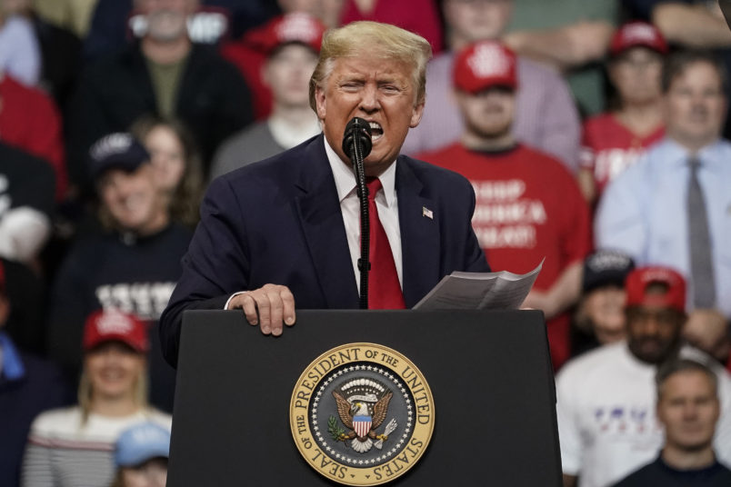 MANCHESTER, NH - FEBRUARY 10: U.S. President Donald Trump speaks during a "Keep America Great" rally at Southern New Hampshire University Arena on February 10, 2020 in Manchester, New Hampshire. New Hampshire will hold its first in the national primary on Tuesday. (Photo by Drew Angerer/Getty Images)