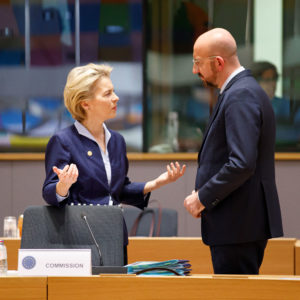 BRUSSELS, BELGIUM - 2019/12/12: European Council President Ursula von der Leyen and European Council President Charles Michel talks at the European Union leaders year-end summit in Brussels. (Photo by JP Black/LightRocket via Getty Images)