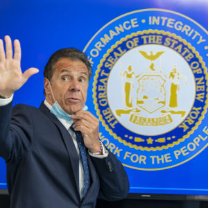 VALHALLA, NEW YORK, UNITED STATES - 2020/06/09: Governor Andrew Cuomo makes an announcement and holds media briefing on day 101 of pandemic at New York Medical College. Governor briefed press on state numbers related to COVID-19 and spoke about civil unrest sparked by death of George Floyd in the hands of police. (Photo by Lev Radin/Pacific Press/LightRocket via Getty Images)