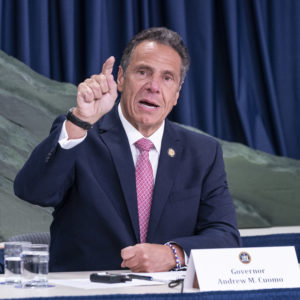 NEW YORK, UNITED STATES - 2020/06/29: NYS Governor Andrew Cuomo makes an announcement and holds media briefing at 3rd Avenue office. Cuomo unveiled green topographic sculpture model of COVID-19 hospitalization curve from day 1 till day 111. This is the mountain that New Yorkers climbed before the hospitalization curve plateaued after 42 days he said during briefing. (Photo by Lev Radin/Pacific Press/LightRocket via Getty Images)