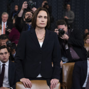 UNITED STATES - NOVEMBER 21: Fiona Hill, former National Security Council Russia adviser, arrives back from a break in the House Intelligence Committee hearing on the impeachment inquiry of President Trump in Longworth Building on Thursday, November 21, 2019. David Holmes, counselor for political affairs at the U.S. Embassy in Ukraine, also testified. (Photo By Tom Williams/CQ Roll Call)