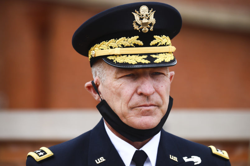 Gen. James McConville, the Chief of Staff of the US Army, attends a ceremony at the Kosciuszko Mound in Krakow, Poland, on August 4, 2020. The U.S. Army Chief of Staff announced today that V Corps Headquarters (Forward) will be located in Poland. (Photo by Beata Zawrzel/NurPhoto)