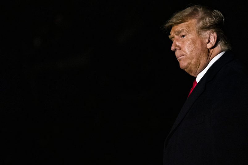 WASHINGTON, DC - OCTOBER 19: US President Donald Trump returns to the White House after multiple campaign stops over the weekend on October 19, 2020 in Washington, DC. With only a couple of weeks left before the 2020 Presidential Election the President is campaigning heavily in key states. (Photo by Samuel Corum/Getty Images)