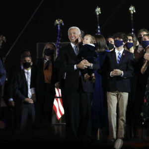 Wilmington, Pennsylvania—Nov. 7, 2020—President-elect Joe Biden and Vice-President-elect Kamal Harris address their supporters at Chase Center in Wilmington, DE, on Nov, 7, 2020 after being named the winners. Joining him is his wife, Jill Biden, Vice-President elect Kamala Harris, and her husband, Doug Emhoff. (Carolyn Cole / Los Angeles Times)(Carolyn Cole / Los Angeles Times)