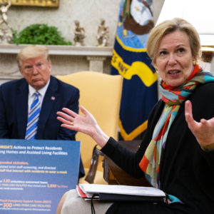 NYTVIRUS - President Donald Trump makes remarks as he meets with Florida Governor Ron DeSantis and Dr. Deborah Birx, White House coronavirus response coordinator, in the Oval Office, Tuesday, April 28, 2020.  ( Photo by Doug Mills/The New York Times)