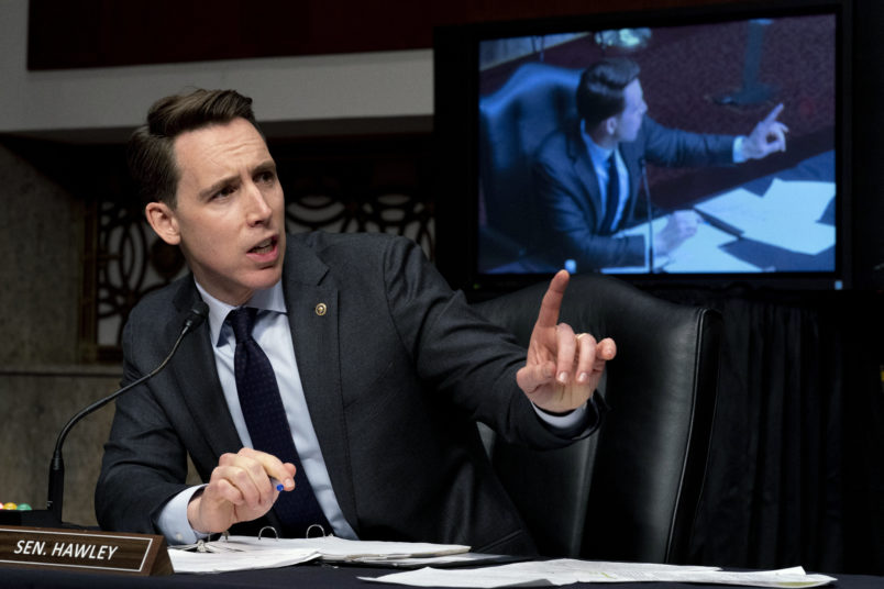 Sen. Josh Hawley, R-Mo., speaks at a Senate Homeland Security and Governmental Affairs & Senate Rules and Administration joint hearing on Capitol Hill, Washington, Tuesday, Feb. 23, 2021, to examine the January 6th attack on the Capitol. (AP Photo/Andrew Harnik, Pool)