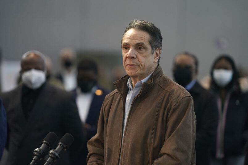 New York Gov. Andrew Cuomo speaks at a vaccination site on Monday, March 8, 2021, in New York. (AP Photo/Seth Wenig, Pool)
