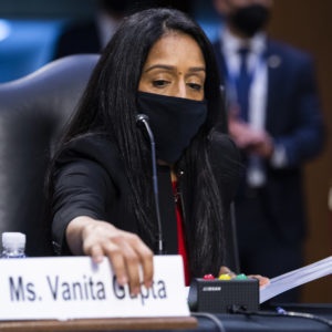 UNITED STATES - MARCH 09: Vanita Gupta, nominee for associate attorney general, arrives for her Senate Judiciary Committee confirmation hearing in Hart Building on Tuesday, March 9, 2021. Lisa Monaco, nominee for deputy attorney general, also testified. (Photo By Tom Williams/CQ Roll Call)