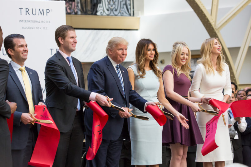 In the grand lobby of Trump international Hotel, (l-r), Donald Trump Jr., Eric Trump, U.S. Presidential candidate Donald J. Trump, Melania Trump, Tiffany Trump, and Ivanka Trump, cut the ribbon for their latest property, Trump International Hotel - Old Post Office, in Washington, DC on October 26, 2016. (Photo by Cheriss May/NurPhoto)