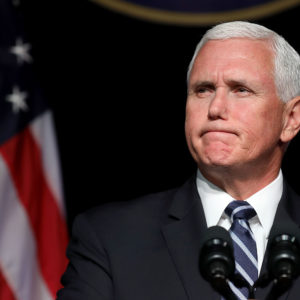 U.S. Vice President Mike Pence announces the Trump Administration's plan to create the U.S. Space Force by 2020 during a speech at the Pentagon August 9, 2018 in Arlington, Virginia. Describing space as advasarial and crowded and citing threats from China and Russia, Pence said the new Space Force would be a separate, sixth branch of the military.