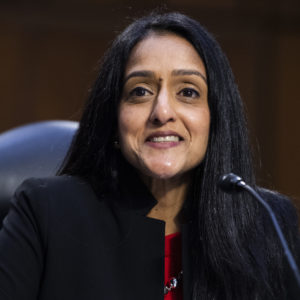 UNITED STATES - MARCH 09: Vanita Gupta, nominee for associate attorney general, testifies during her Senate Judiciary Committee confirmation hearing in Hart Building on Tuesday, March 9, 2021. Lisa Monaco, nominee for deputy attorney general, also testified. (Photo By Tom Williams/CQ Roll Call)
