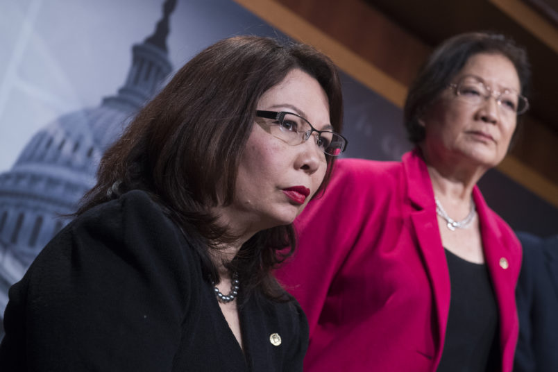 UNITED STATES - JANUARY 12: Rep. Tammy Duckworth, D-Ill., and Sen. Mazie Hirono, D-Hawaii, attend a news conference in the Capitol to oppose the nomination of attorney general nominee Sen. Jeff Sessions, R-Ala., January 12, 2017. (Photo By Tom Williams/CQ Roll Call)