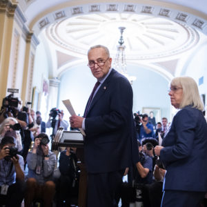 UNITED STATES - JULY 20: Senate Majority Leader Charles Schumer, D-N.Y., and Sen. Patty Murray, D-Wash., arrive for a news conference after the Senate Democratic policy luncheon in the Capitol on Tuesday, July 20, 2021. (Photo By Tom Williams/CQ Roll Call)