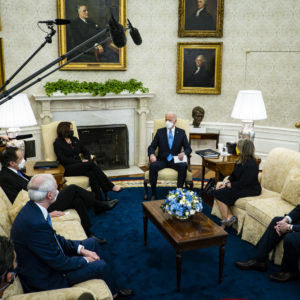 President Joe Biden and Vice President Kamala Harris meet with governors and mayors in the Oval Office in Washington, D.C., on Friday, Feb. 12, 2021, to discuss the vital need to pass the American Rescue Plan, which will get more support to their communities and those on the front lines of the fight against COVID-19. Attending where:Governor Andrew Cuomo (D-NY) Governor Asa Hutchinson (R-AR)Governor Michelle Lujan Grisham (D-NM)Governor Larry Hogan (R-MD)Mayor Keisha Lance Bottoms (D-Atlanta GA)Mayor Latoya Cantrell (D-New Orleans, LA)Mayor Mike Duggan (D-Detroit, MI)Mayor Francis Suarez (R-Miami, FL)Mayor Jeff Williams (R-Arlington, TX)(photo by Pete Marovich for The New York Times)