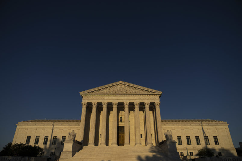 WASHINGTON, DC - SEPTEMBER 02: A view of the Supreme Court on September 2, 2021 in Washington, DC.  The Supreme Court declined to block the new Texas law that prohibits abortions around six weeks into a pregnancy and will let the legal battle play out in the lower courts. (Photo by Drew Angerer/Getty Images)