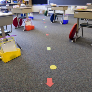 In a 1st grade classroom where the desks have been spread out for social distancing, and there are marks on the floor to indicate where the students should stand when lining up. At Shiloh Hills Elementary School, part of the Wilson School District in Spring Township, PA Friday afternoon August 21, 2020 where school teachers and administrators are preparing to open on August 26th for the school year after being closed since spring as a precaution against the COVID-19 / Coronavirus outbreak.
