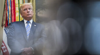 WASHINGTON, DC - AUGUST 3: President Donald Trump listens during a Veterans Affairs Department "telehealth" event in the Roosevelt Room of the White House in Washington, DC on Thursday, Aug 03, 2017. (Photo by Jabin Botsford/The Washington Post)