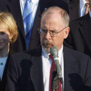 U.S. Attorney John Durham, center, outside federal court in New Haven, Conn., after the sentencing of former Gov. John Rowland. Durham will continue as special counsel in the investigation of the origins of the Trump-Russia inquiry, but is being asked to resign as U.S. attorney. (Bob MacDonnell/Hartford Courant/Tribune News Service via Getty Images)