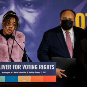 WASHINGTON, DC - JANUARY 17: Yolanda Renee King, granddaughter of civil rights leader Dr. Martin Luther King Jr., speaks alongside her parents, Martin Luther King III and Arndea Waters King, during a press conference with Speaker of the U.S. House of Representatives Nancy Pelosi at Union Station on Martin Luther King Jr. Day on January 17, 2022 in Washington, DC. Democrats are trying to pass John R. Lewis Voting Rights Act this week which will counter the various voting suppression laws passed in multiple Republican states in the wake of the 2020 elections. (Photo by Samuel Corum/Getty Images) *** Local Caption *** Yolanda Renee King; Arndrea Waters King; Martin Luther King III