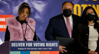 WASHINGTON, DC - JANUARY 17: Yolanda Renee King, granddaughter of civil rights leader Dr. Martin Luther King Jr., speaks alongside her parents, Martin Luther King III and Arndea Waters King, during a press conference with Speaker of the U.S. House of Representatives Nancy Pelosi at Union Station on Martin Luther King Jr. Day on January 17, 2022 in Washington, DC. Democrats are trying to pass John R. Lewis Voting Rights Act this week which will counter the various voting suppression laws passed in multiple Republican states in the wake of the 2020 elections. (Photo by Samuel Corum/Getty Images) *** Local Caption *** Yolanda Renee King; Arndrea Waters King; Martin Luther King III