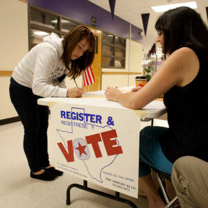 A voter registration drive for new 18-year-old voters and staff at Lyndon Baines Johnson (LBJ) High School in Austin, TX is conducted by non-partisan parent volunteers. About two dozen were registered in two hours with the effort.